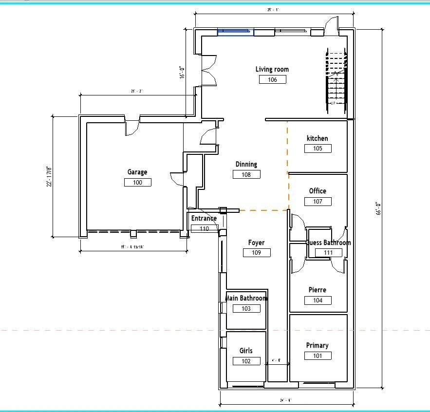 Floor plan of a house with labeled rooms and dimensions.