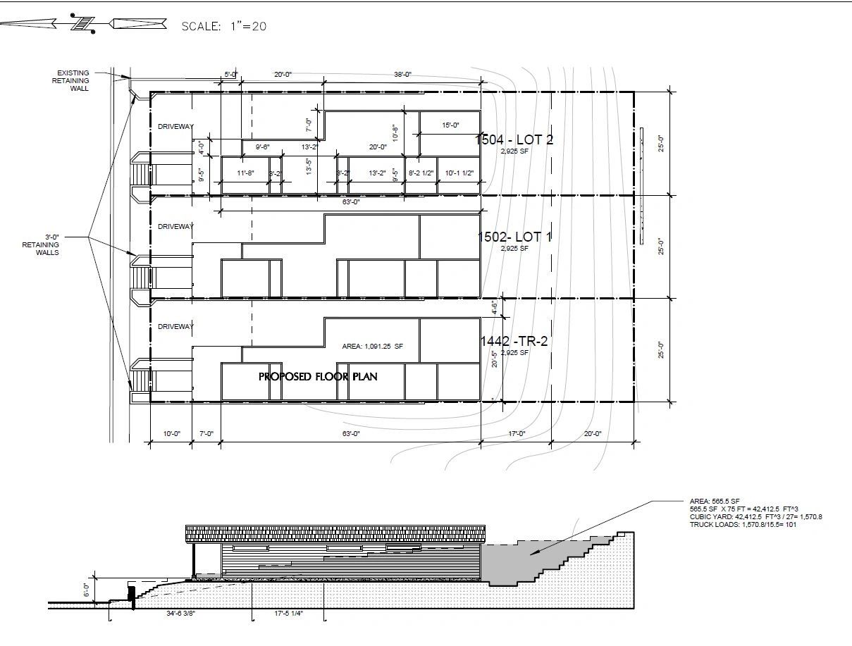 Architectural floor plan with detailed measurements and retaining walls.