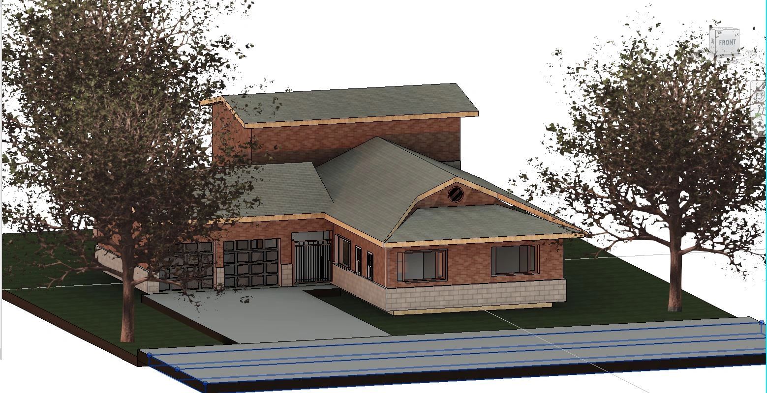 3D model of a modern single-story house with a two-car garage and mature trees.