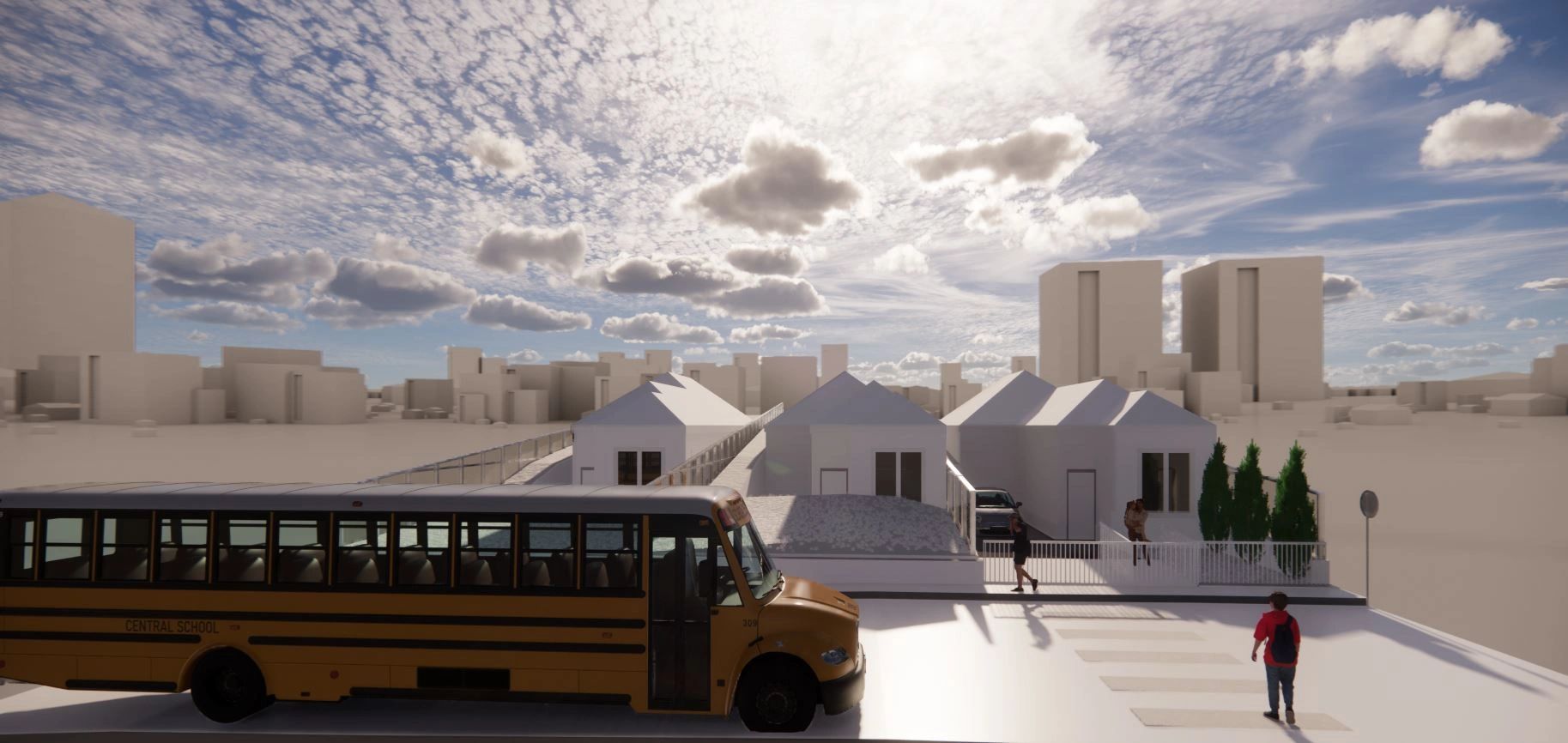 Street-level view of modern white houses with a school bus and community context.